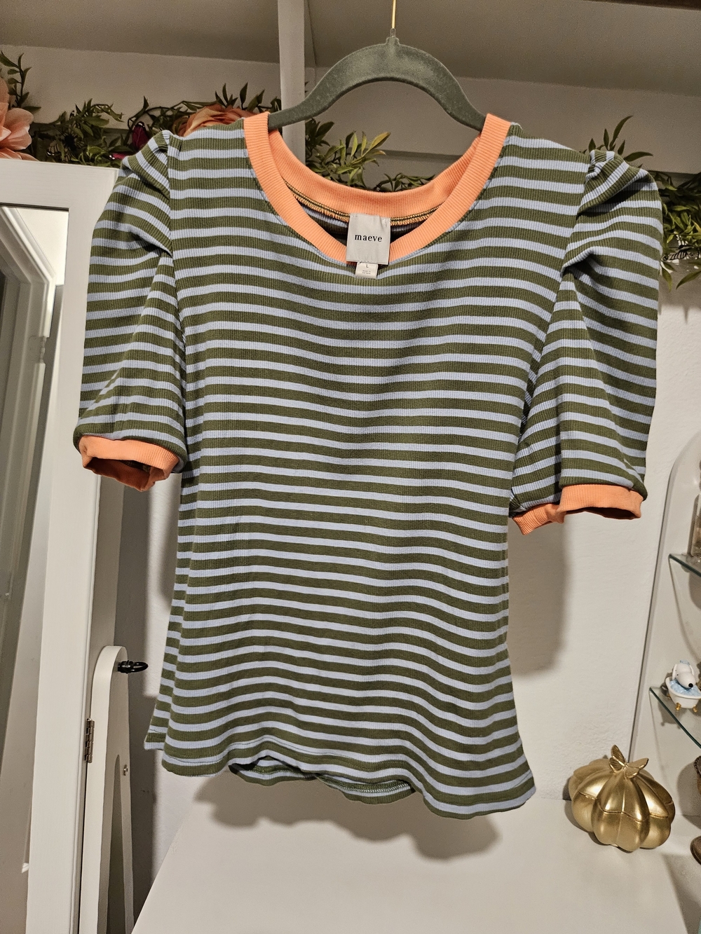 Maeve Olive & White Striped Puff-Sleeve Top with Coral Trim